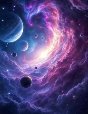 The primary subject of the image is a purple and blue nebula with a variety of planets and moons surrounding it. The setting is a space filled with celestial bodies, creating a vibrant and dynamic scene. The visual style is a digital art or illustration, showcasing the artist's creativity and imagination. The colors and mood of the image are predominantly purple and blue, giving it a serene and dreamy atmosphere.